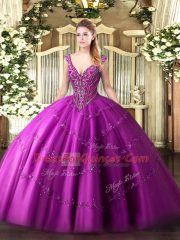 Sumptuous Beading and Appliques Ball Gown Prom Dress Fuchsia Lace Up Sleeveless Floor Length