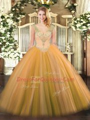 V-neck Sleeveless Sweet 16 Quinceanera Dress Floor Length Beading Gold Tulle