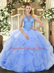 Floor Length Light Blue 15 Quinceanera Dress Organza Sleeveless Beading and Ruffles