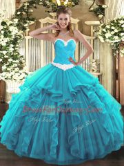 Super Ball Gowns Ball Gown Prom Dress Aqua Blue Sweetheart Organza Sleeveless Floor Length Lace Up