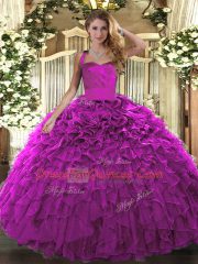 Elegant Halter Top Sleeveless Quinceanera Gowns Floor Length Ruffles Fuchsia Organza
