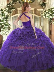 Elegant Halter Top Sleeveless Quinceanera Gowns Floor Length Ruffles Fuchsia Organza