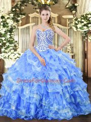 Luxurious Blue Sweet 16 Dress Military Ball and Sweet 16 and Quinceanera with Beading and Ruffled Layers Sweetheart Sleeveless Lace Up