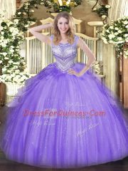 Sleeveless Floor Length Beading Lace Up Sweet 16 Dress with Lavender
