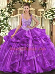 Comfortable Eggplant Purple Ball Gowns Straps Sleeveless Organza Floor Length Lace Up Beading and Ruffles Sweet 16 Quinceanera Dress