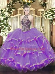 Halter Top Sleeveless Lace Up Quinceanera Gowns Eggplant Purple Organza