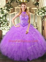 Comfortable Beading and Ruffles Quince Ball Gowns Lavender Lace Up Sleeveless Floor Length