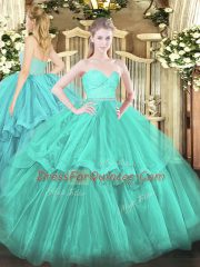 Pretty Sleeveless Brush Train Zipper Beading and Lace and Ruffled Layers Quinceanera Dress