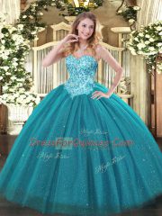 Sophisticated Teal Tulle and Sequined Lace Up 15th Birthday Dress Sleeveless Floor Length Appliques