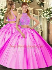 Fuchsia Two Pieces Beading Quinceanera Gown Criss Cross Tulle Sleeveless Floor Length