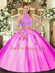 Fuchsia Two Pieces Beading Quinceanera Gown Criss Cross Tulle Sleeveless Floor Length