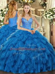 Fine Blue Lace Up Ball Gown Prom Dress Beading and Ruffles Sleeveless Floor Length