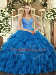 Fine Blue Lace Up Ball Gown Prom Dress Beading and Ruffles Sleeveless Floor Length