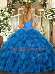 Fine Blue Lace Up Ball Gown Prom Dress Beading and Ruffles Sleeveless Floor Length