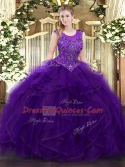 Traditional Purple Scoop Zipper Beading and Ruffles Quinceanera Gown Sleeveless