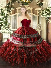 Hot Sale Wine Red Sleeveless Floor Length Embroidery and Ruffles Zipper Quince Ball Gowns