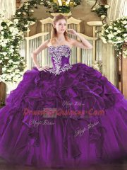 Stunning Sleeveless Organza Floor Length Lace Up Quinceanera Gown in Dark Purple with Beading and Ruffles