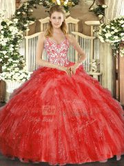 New Style Organza Sleeveless Floor Length Ball Gown Prom Dress and Beading and Ruffles