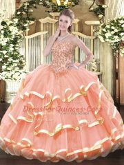 Peach Ball Gowns Sweetheart Sleeveless Organza Floor Length Lace Up Appliques and Ruffled Layers Sweet 16 Quinceanera Dress