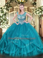 Spectacular Teal Sleeveless Beading and Ruffles Floor Length Ball Gown Prom Dress