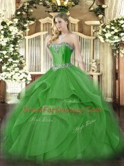 Floor Length Green Quinceanera Dresses Tulle Sleeveless Beading and Ruffles