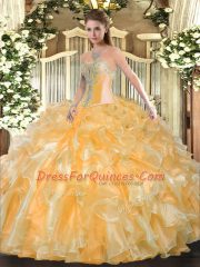 On Sale Floor Length Ball Gowns Sleeveless Gold Quinceanera Gown Lace Up