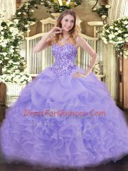 Stylish Sleeveless Floor Length Appliques and Ruffles Lace Up Vestidos de Quinceanera with Lavender