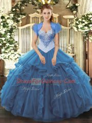 Artistic Blue Ball Gowns Beading Sweet 16 Quinceanera Dress Lace Up Tulle Sleeveless Floor Length