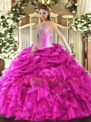 Floor Length Lace Up Quinceanera Dresses Hot Pink for Military Ball and Sweet 16 and Quinceanera with Beading and Ruffles and Pick Ups