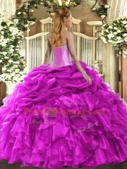Floor Length Lace Up Quinceanera Dresses Hot Pink for Military Ball and Sweet 16 and Quinceanera with Beading and Ruffles and Pick Ups