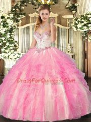 Artistic Rose Pink Lace Up Sweetheart Beading and Ruffles Sweet 16 Quinceanera Dress Tulle Sleeveless
