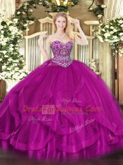 Suitable Floor Length Fuchsia Sweet 16 Dress Tulle Sleeveless Beading and Ruffles