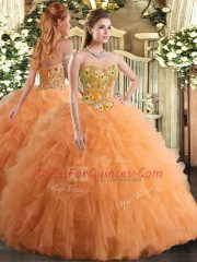 Floor Length Lace Up Sweet 16 Quinceanera Dress Orange for Military Ball and Sweet 16 and Quinceanera with Embroidery and Ruffles