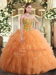 Floor Length Lace Up Sweet 16 Quinceanera Dress Orange for Military Ball and Sweet 16 and Quinceanera with Embroidery and Ruffles