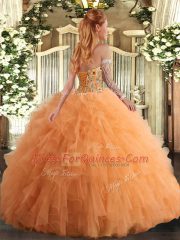 Floor Length Lace Up Sweet 16 Quinceanera Dress Orange for Military Ball and Sweet 16 and Quinceanera with Embroidery and Ruffles