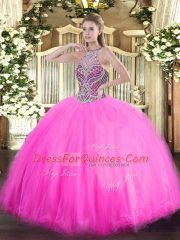 Beautiful Ball Gowns Quince Ball Gowns Rose Pink Halter Top Tulle Sleeveless Floor Length Lace Up
