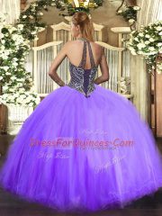 Beautiful Ball Gowns Quince Ball Gowns Rose Pink Halter Top Tulle Sleeveless Floor Length Lace Up
