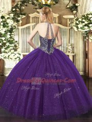Purple Ball Gowns Beading Sweet 16 Quinceanera Dress Lace Up Tulle Sleeveless Floor Length
