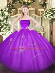 Custom Fit Strapless Sleeveless Sweet 16 Quinceanera Dress Floor Length Appliques Eggplant Purple Tulle