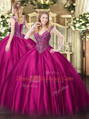 Low Price Beading Sweet 16 Dress Fuchsia Lace Up Sleeveless Floor Length