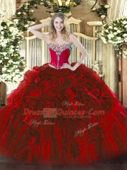 Sleeveless Floor Length Beading and Ruffles Lace Up Sweet 16 Dress with Wine Red