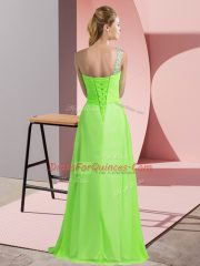 On Sale Yellow Green One Shoulder Lace Up Beading Prom Evening Gown Sleeveless