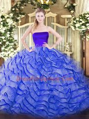 Blue Strapless Zipper Ruffles Quinceanera Gowns Brush Train Sleeveless