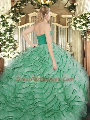 Blue Strapless Zipper Ruffles Quinceanera Gowns Brush Train Sleeveless