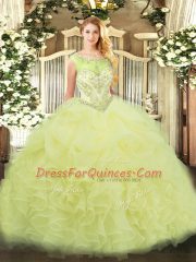 Fine Floor Length Yellow 15 Quinceanera Dress Organza Sleeveless Beading and Ruffles