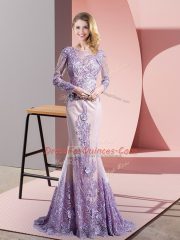 Scoop Long Sleeves Prom Dresses Sweep Train Beading and Appliques Lavender Tulle