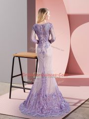 Scoop Long Sleeves Prom Dresses Sweep Train Beading and Appliques Lavender Tulle