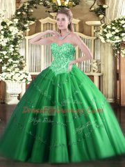 Floor Length Lace Up Sweet 16 Dress Green for Military Ball and Sweet 16 and Quinceanera with Appliques