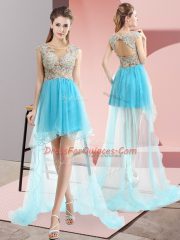 Fantastic Aqua Blue Sleeveless Sweep Train Beading High Low Evening Dress