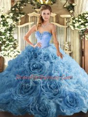 Aqua Blue Sleeveless Fabric With Rolling Flowers Lace Up Quinceanera Dresses for Military Ball and Sweet 16 and Quinceanera